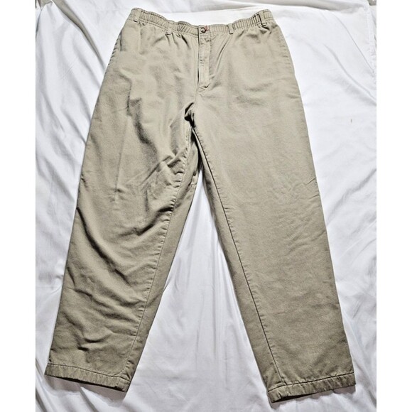 LL Bean Elastic Waist red Flannel Lined Pants Men's 34x30 Cotton Canvas Khaki - Picture 1 of 13